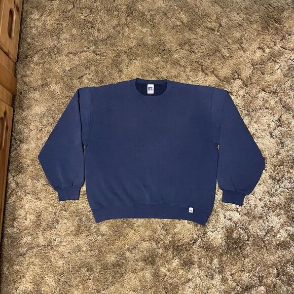 Vintage Russell Athletic Blank Crewneck Sweatshirt Faded Navy Large - Picture 1 of 4